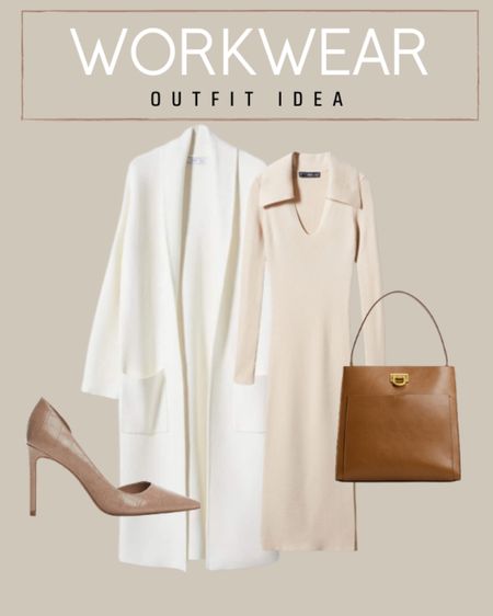 New Coatigan in white, knit tan collard dress, tan heels, brown tote bag, workwear, office outfit, Mango

#LTKunder100 #LTKstyletip #LTKworkwear