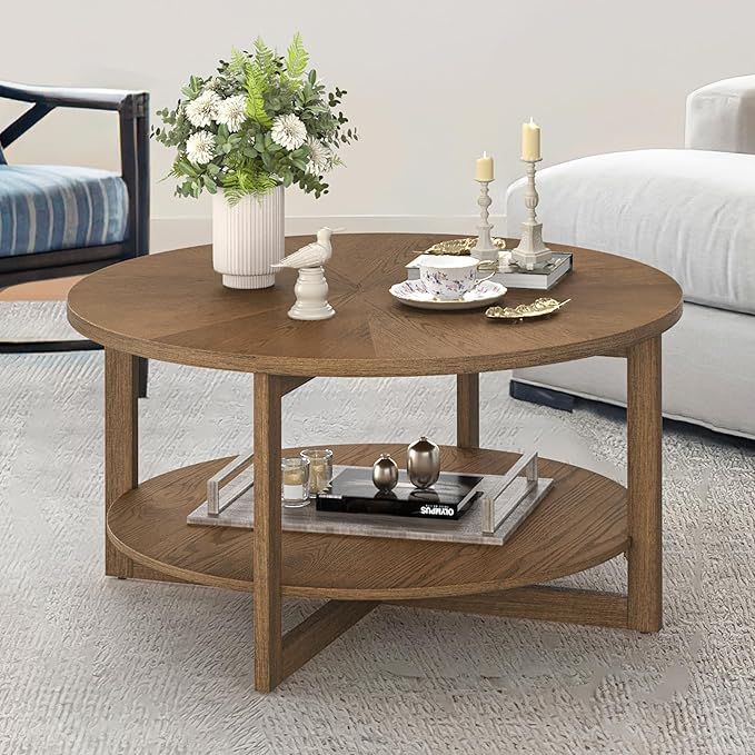 Round Coffee Table, 35" Rustic Modern Circle Coffee Tables with 2-Tier Storage Shelf, Sofa Table,... | Amazon (US)