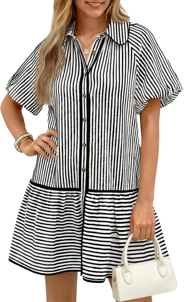 Wenrine Womens Summer Button Down Shirt Dress Casual Striped Puff Short Sleeve Collared Loose Min... | Amazon (US)