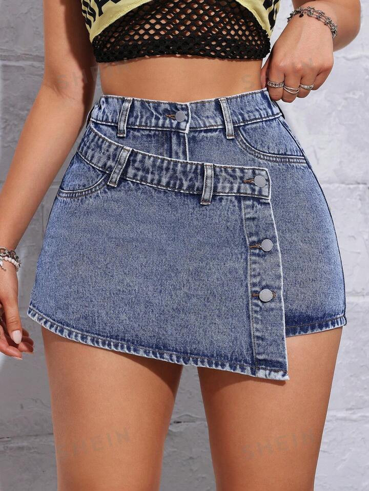 SHEIN SXY Women's High Waisted Button Front Denim Skort Asymmetrical Hem Skort | SHEIN