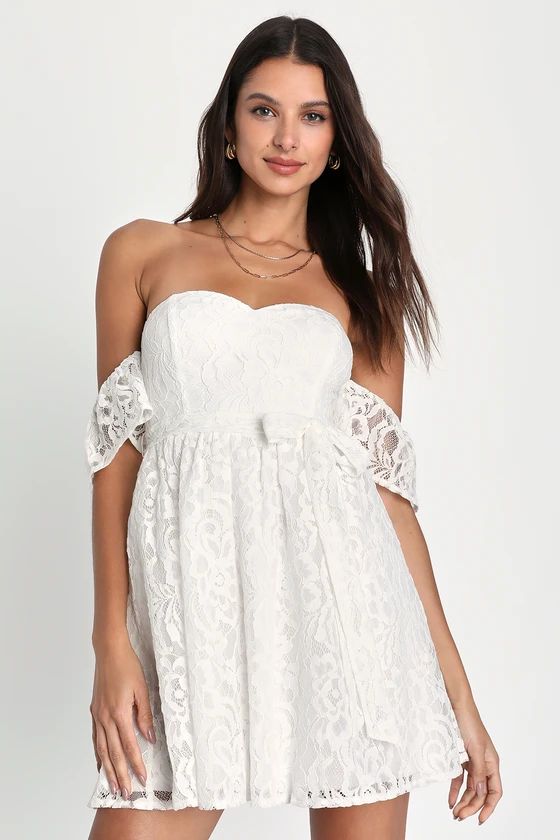 Inspired Cutie White Lace Off-the-Shoulder Mini Dress | Lulus