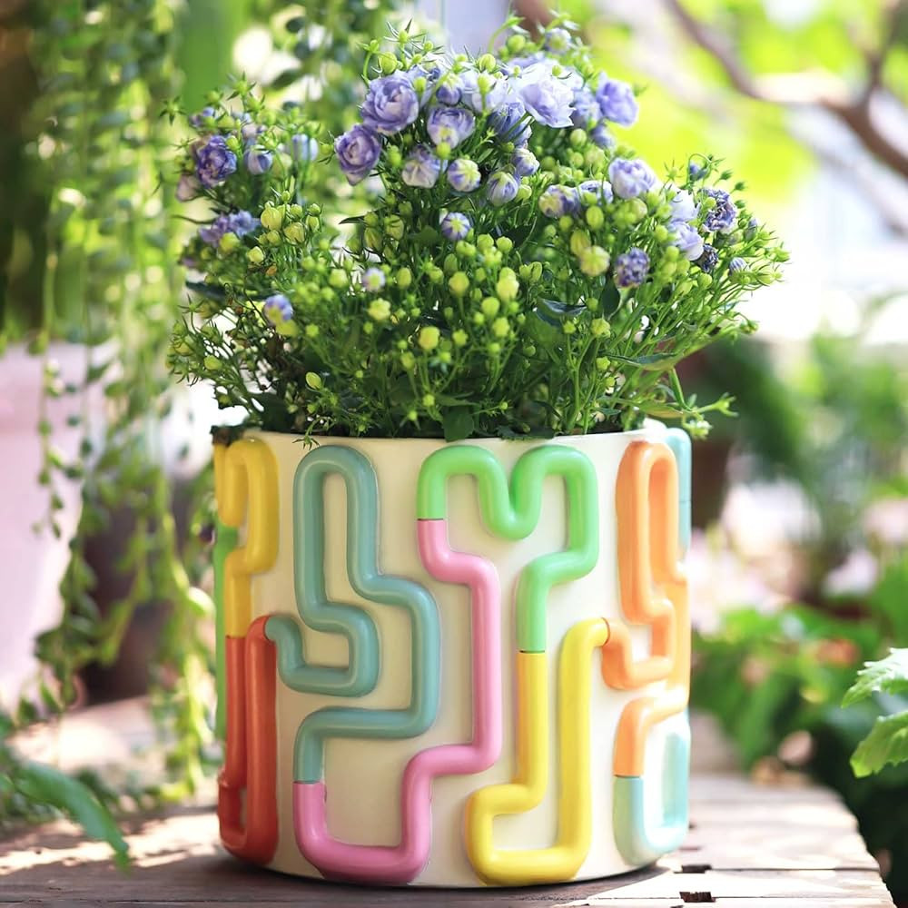 GUGUGO Colorful Squiggle Lines Planters Cute Unique Rainbow Planter with Drainage, Vintage Retro ... | Amazon (US)