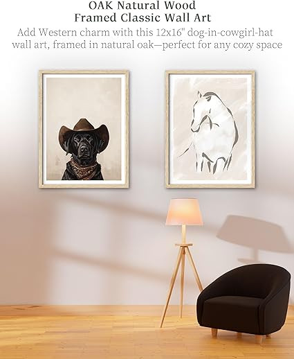 iHery Natural OAK Wood Black Labrador Dog Cowgirl Hat Framed Wall Art, 12x16 in Neutral Canvas Wa... | Amazon (US)