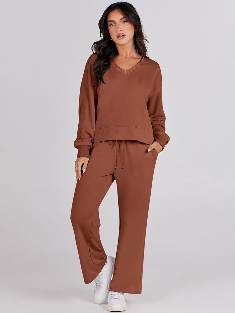 LOGENE 2 Piece Outfits Lounge Jogger Set 2023 Fall Fashion Matching Sets Crop Top and Wide Leg Pa... | Amazon (US)