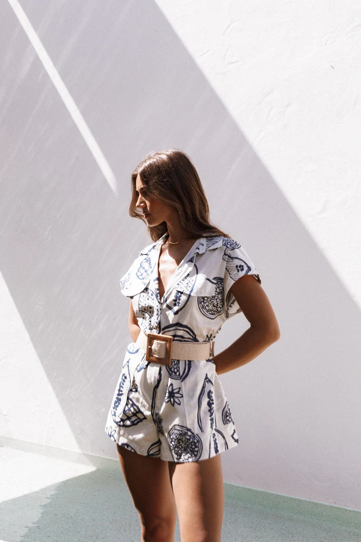 Georgina Tie Waist Romper - Navy | Petal & Pup (US)