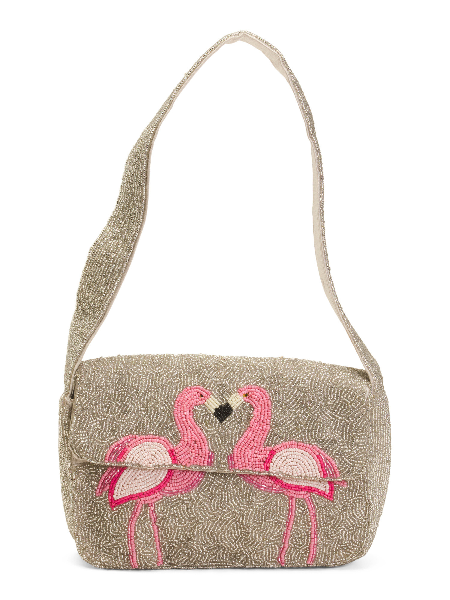 Hand Beaded Flap Shoulder Bag In Flamingo Motif | TJ Maxx