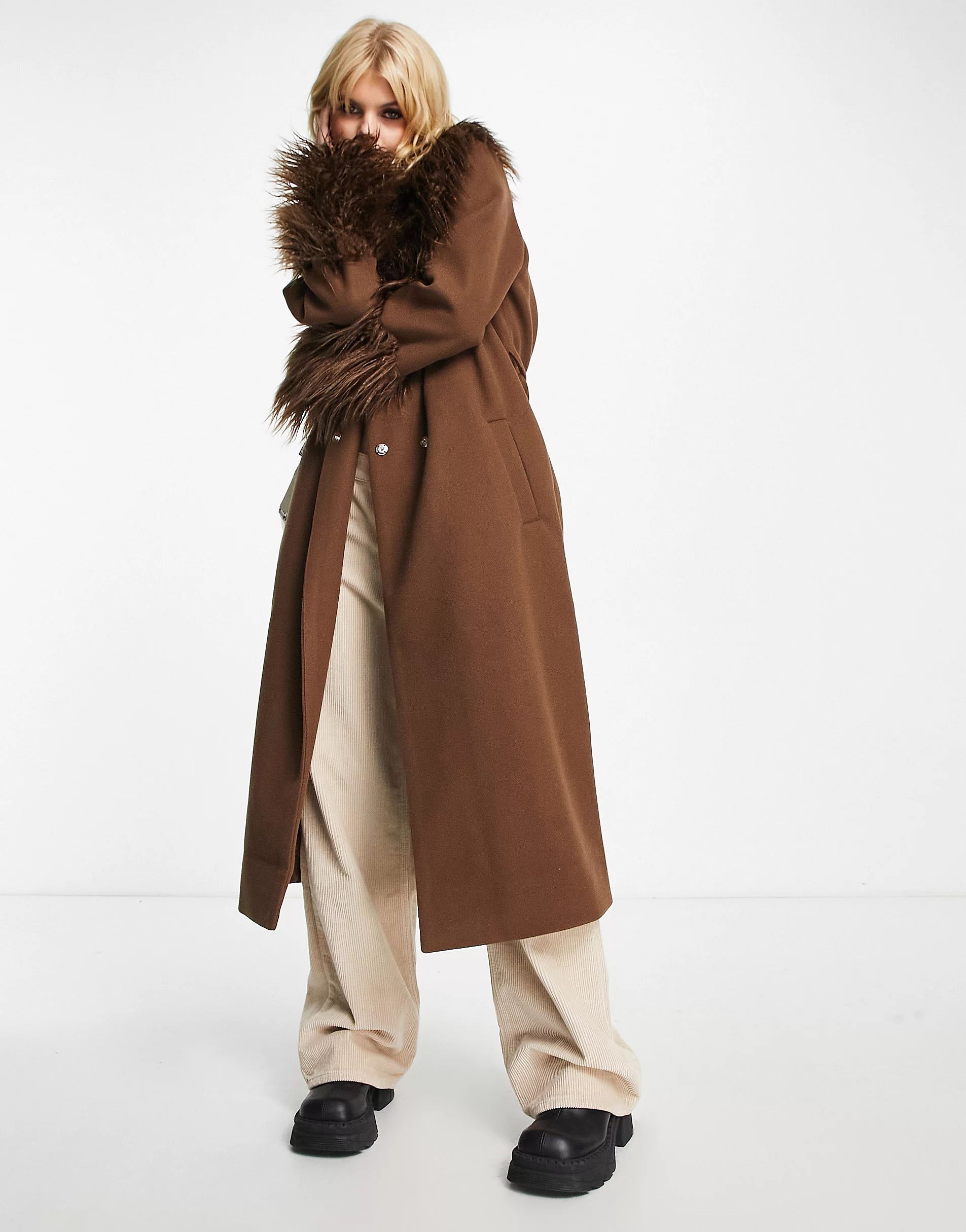 Violet Romance belted longline coat with faux fur trims in chocolate brown | ASOS (Global)