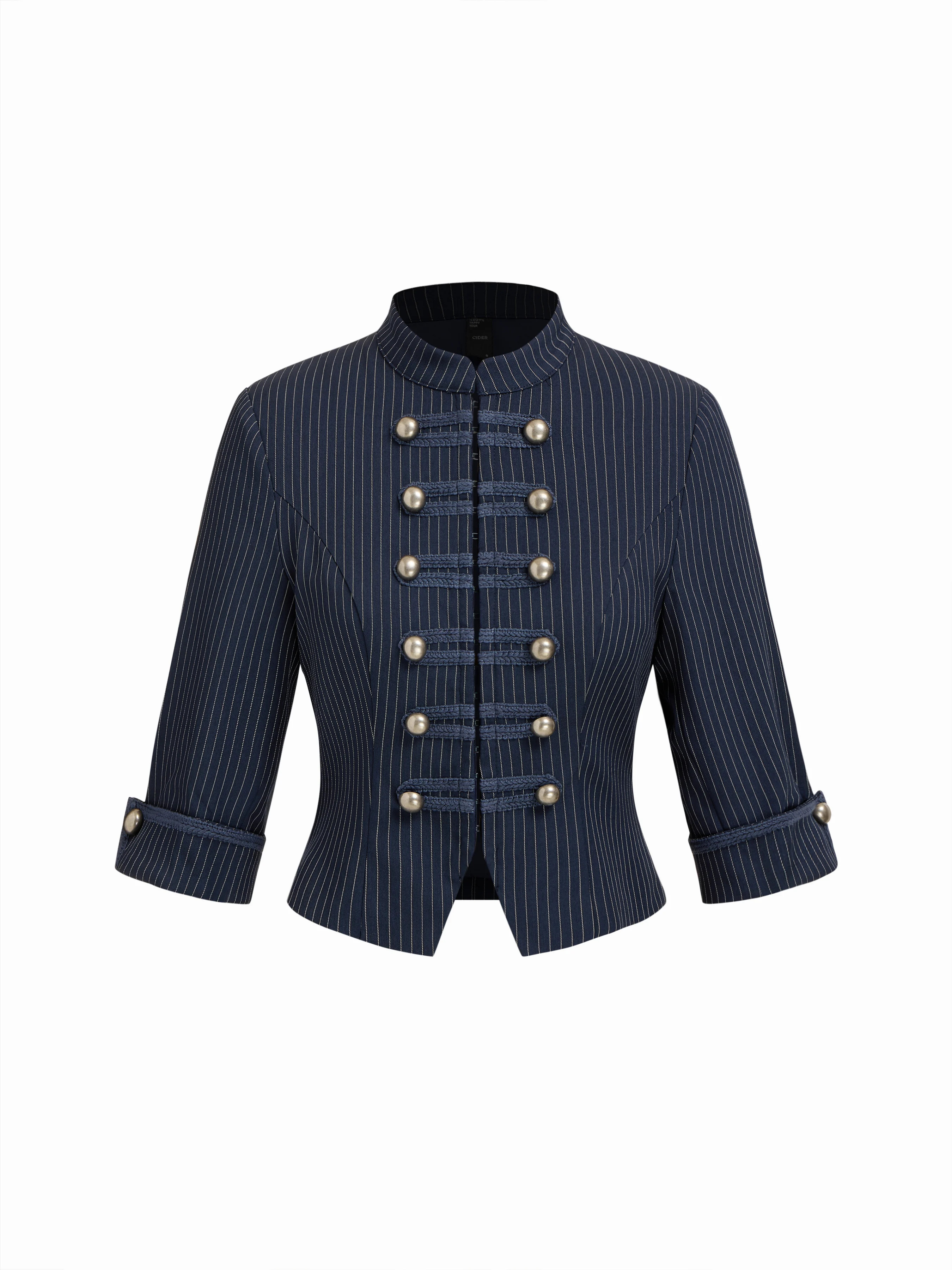 Woven Napoleon Striped Metal Double-Button Middle Sleeve Jacket For Daily Casual Work | Cider