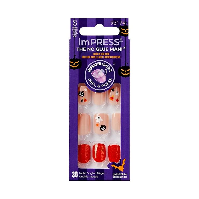 KISS imPRESS No Glue Needed Press On Nails, Design, BOO, Beige, Short Squoval, 30 Count | Walmart (US)