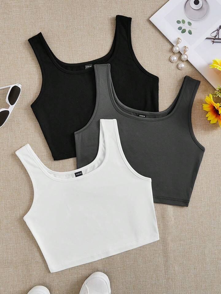 SHEIN EZwear 3pcs/Set Sleeveless Cropped Casual Tank Tops For Women In Black, White And Gray, Slim Fit Summer | SHEIN