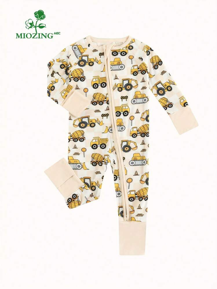 MIOZING Baby Boys Clothes/ Construction Vehicle Print Romper/ Zipper Front Footed Jumpsuit/ Cartoon Excavator/ Dumper/ Mixer Printed/ Long Sleeve Jumpsuit/ Infant Playsuit/ Construction Vehicle Pattern/ Bamboo Fiber Fabric/ Baby Clothes / Baby Clothes Girl / Boy Baby Clothes/ Halloween / Christmas | SHEIN