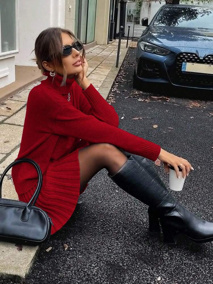 EMERY ROSE 2pcs Women Grey Turtleneck Knit Sweater Set | SHEIN