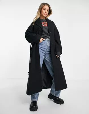 Monki recycled polyester belted oversized coat in black | ASOS (Global)