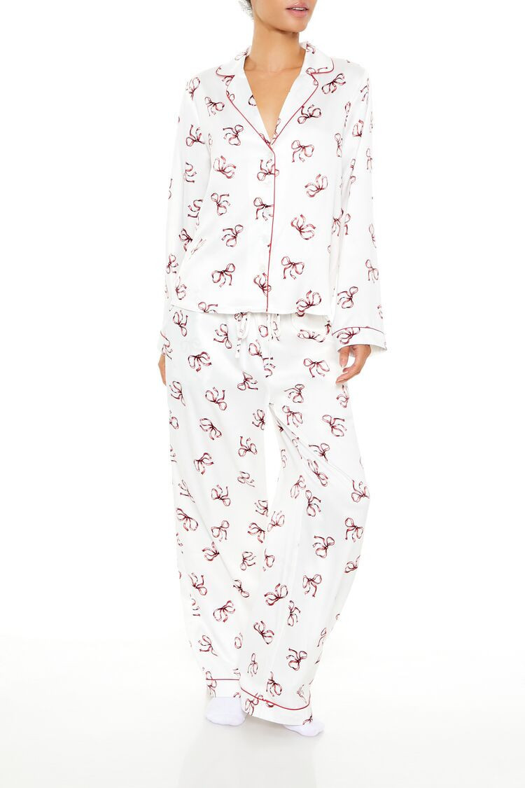 Women's Bow Shirt & Pants Pajama Set in Ivory/Red Medium | Forever 21