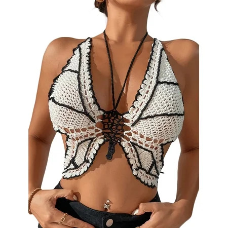 Sedceaty Women Bikini Tops Contrast Color Sleeveless Bandage Backless Knit Crochet Butterfly Swimsui | Walmart (US)