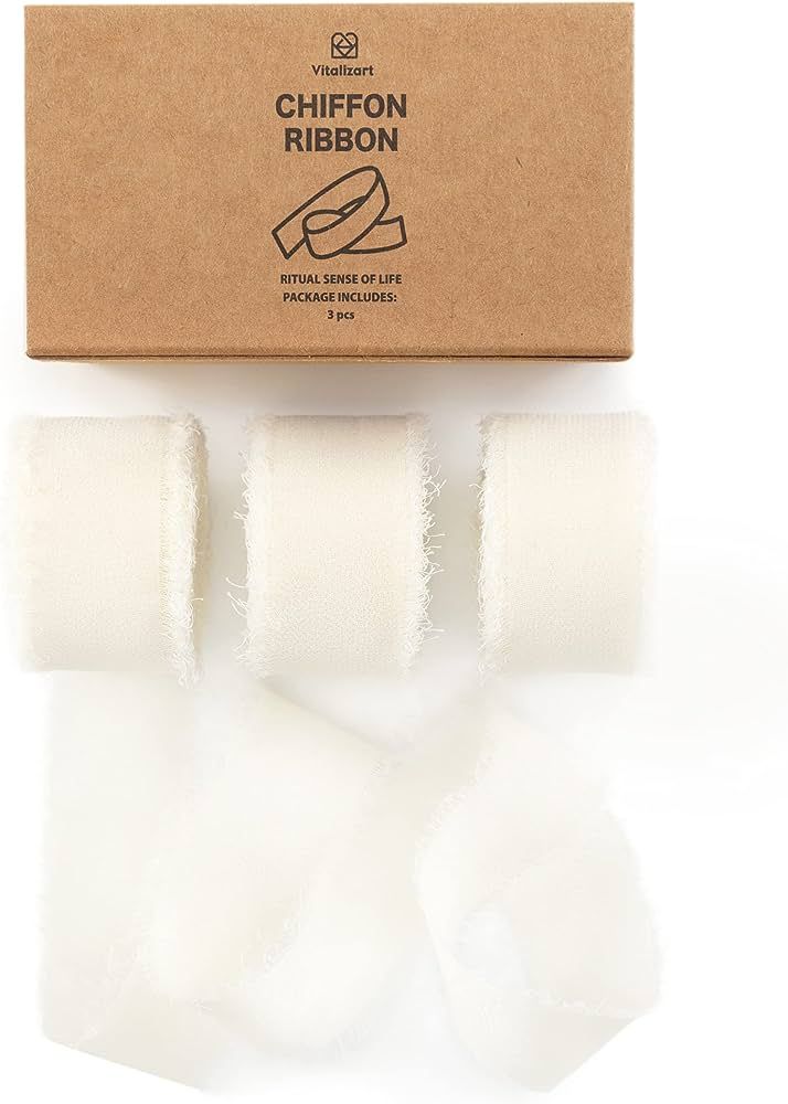 Vitalizart Ivory White Chiffon Silk Ribbon 1" x 21Yd Fringe Fabric Eco-Friendly Package (3 Rolls ... | Amazon (US)