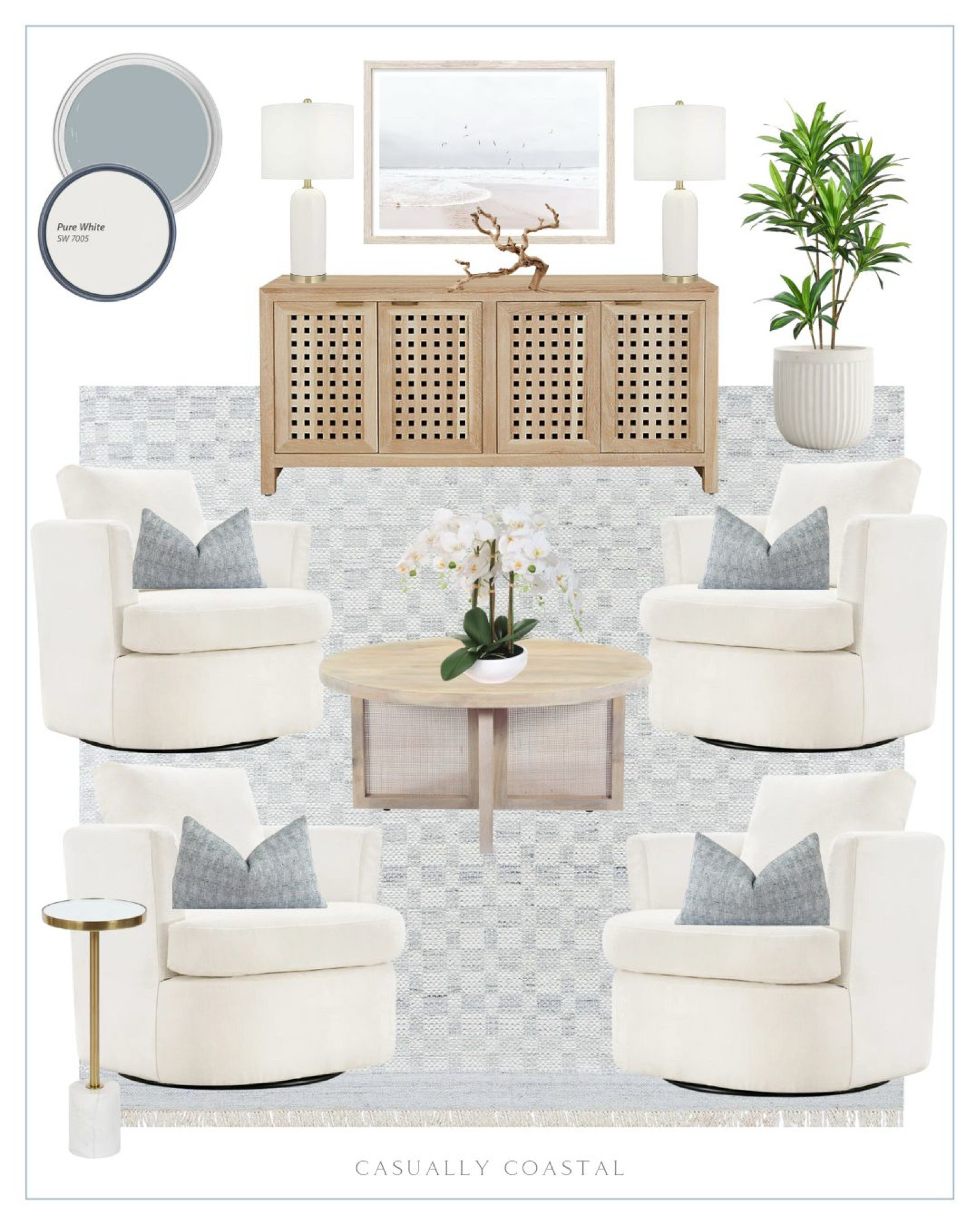 Sharing a coastal sitting room design! Don’t sleep on this sideboard - it’s currently 25% off! Paint colors: Sherwin Williams 9138 Stardew & Sherwin Williams 7005 Pure White 
-------------
Coastal home, coastal sitting room, coastal living room, coastal coffee table, coffee table, coastal home decor, coastal interiors, coastal chairs, coastal rug, living room chairs, swivel chairs, coastal side table, coastal faux plant, Pottery Barn home decor, fluted outdoor planters, coastal planters, silk orchids arrangement in vase, wayfair faux flowers, dried grapewood branch, driftwood, Etsy pillows, coastal pillows, blue pillow covers, fall pillow covers, coastal lamp, target lamps, white lamps, luxury table lamp, 9x12 rug, 8x10 rugs, coastal rugs, light blue rugs, Amazon rugs, wool rug, living room rug, mirrored drink table, gold and white marble table, artificial dracaena tree in pot, living room artwork, coastal artwork, coastal wall art, beach wall art, solid wood coffee table, round coffee table, neutral coffee table, console table, light wood sideboard, coastal sideboard, upholstered swivel barrel chair, neutral chairs, coffee table decor, living room ideas, living room decor, round cocktail table, gold barware, entertaining space, ballard designs sideboard, faux trees, planters, indoor trees 

#LTKSaleAlert #LTKFindsUnder100 #LTKHome