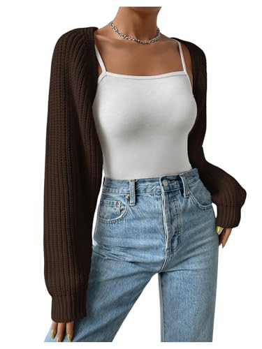 COZYEASE Women's Long Sleeve Open Front Crop Cardigan Sweater Drop Shoulder Knit Bolero Shrug Chocolate Brown M | Amazon (US)