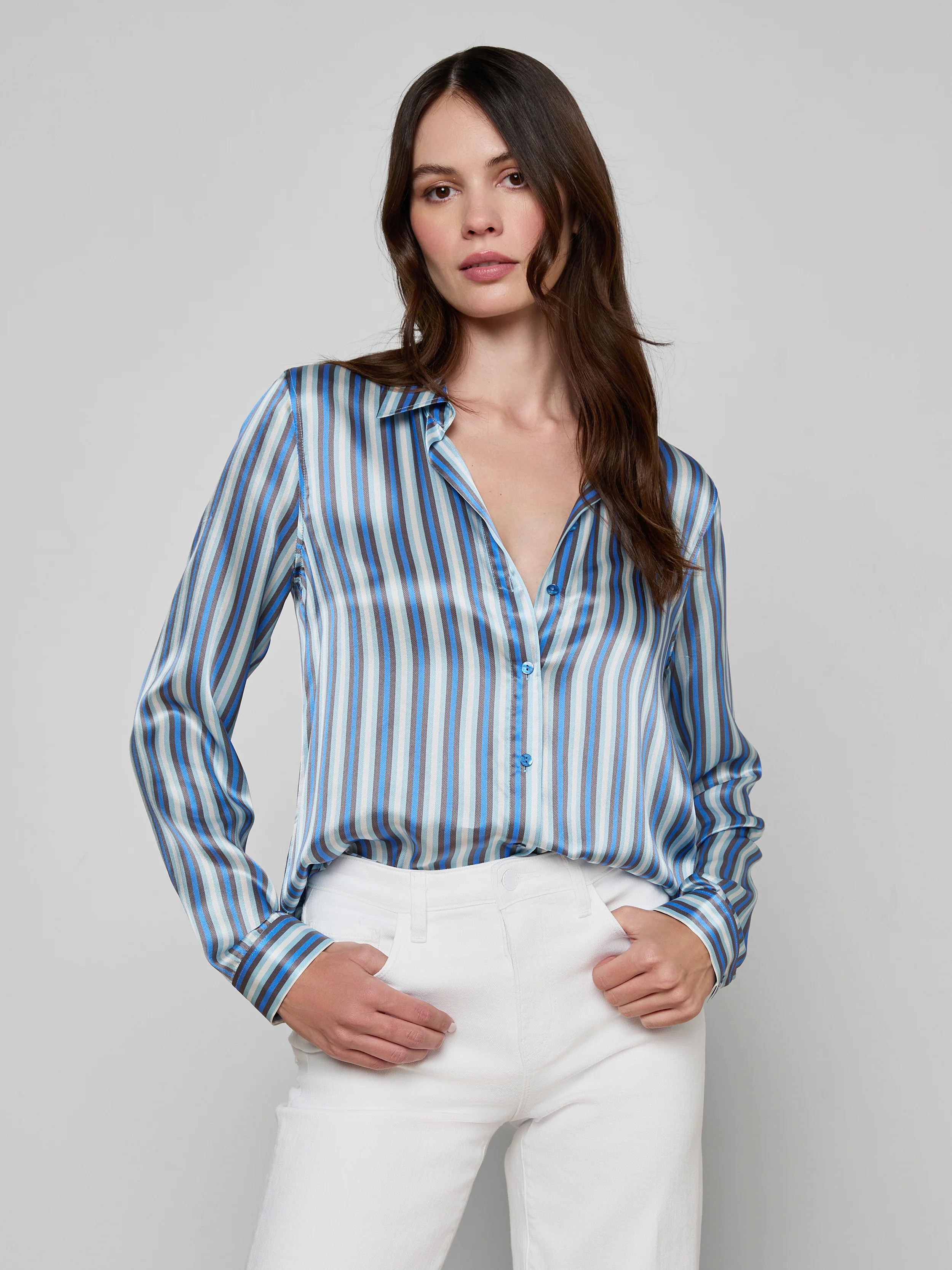 L'AGENCE Tyler Silk Blouse Top In Blue Multi Herringbone Stripe | L'Agence