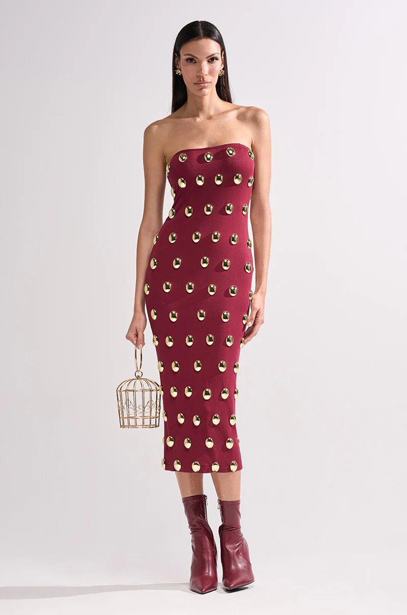 TIME AFTER TIME MIDI DRESS WITH METAL DETAILING IN BURGUNDY | AKIRA