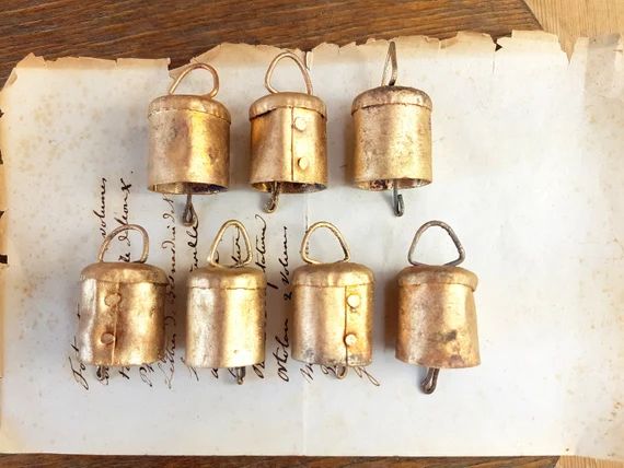 7 Brass Bells, Gold, Bronze, Cow Bells, Cattle bell, Garden decor, wind chime, bells on string, C... | Etsy (CAD)