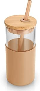 tronco 16 oz Glass Tumbler with Straw and Bamboo Lid, Iced Coffee Cup Reusable, Smoothie Cups, Tu... | Amazon (US)