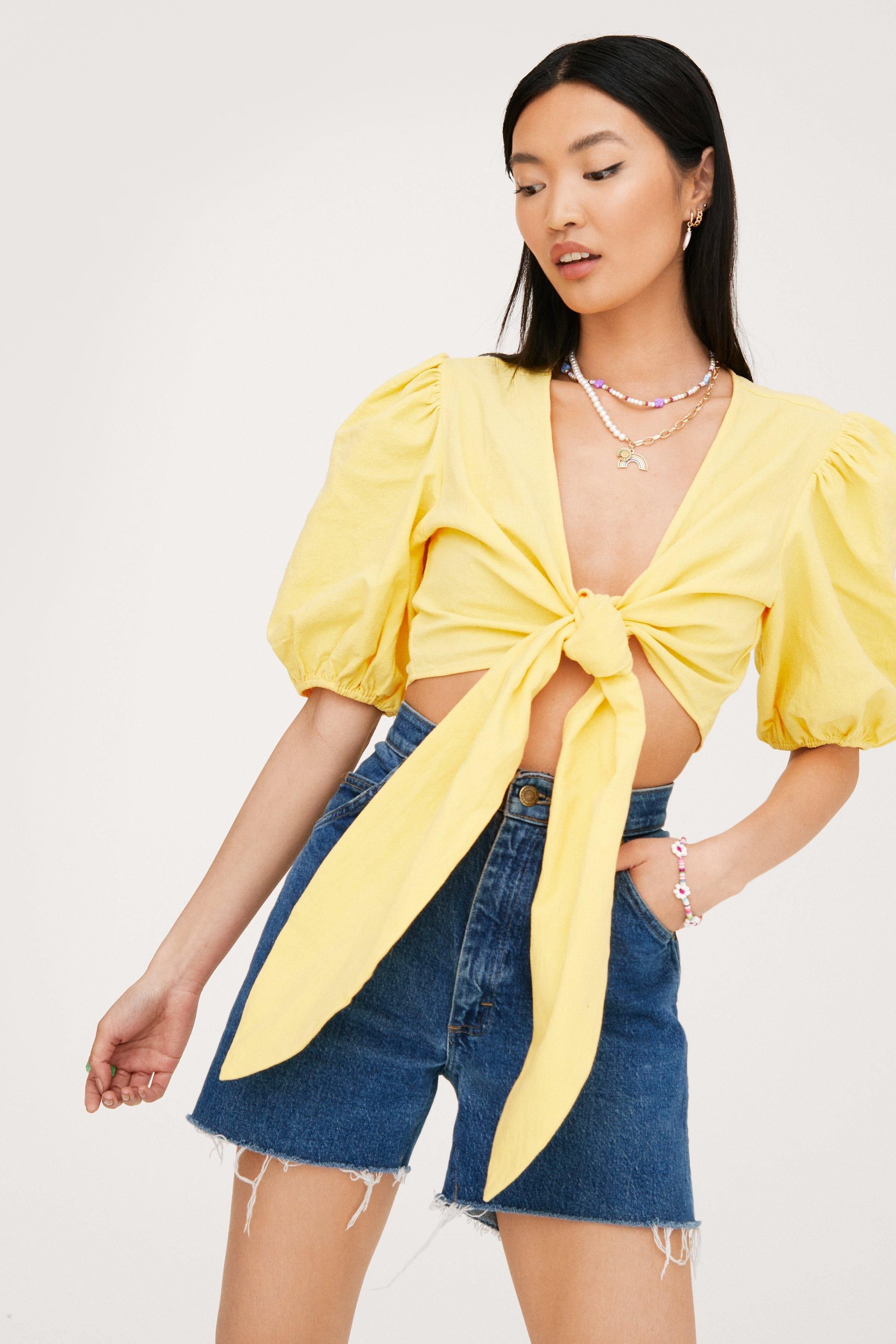 Linen Look Tie Front Puff Sleeve Crop Top | Nasty Gal (US)