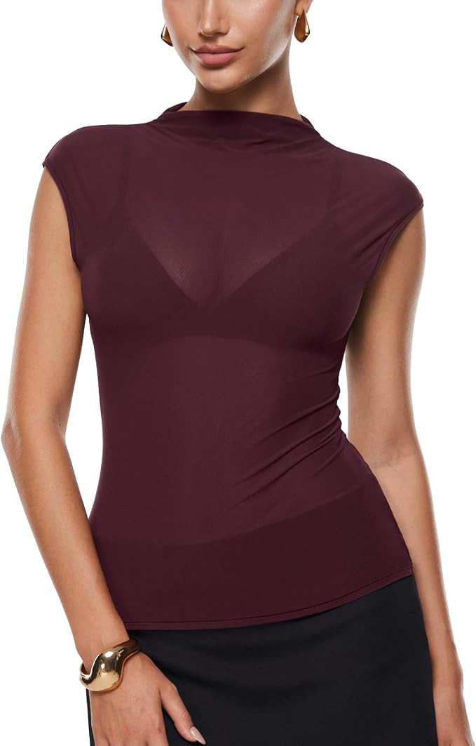 INLYRIC Women's Cosnufy Mesh Sheer Mock Turtle Neck Tank Tops See Through Sleeveless Sexy Summer ... | Amazon (US)