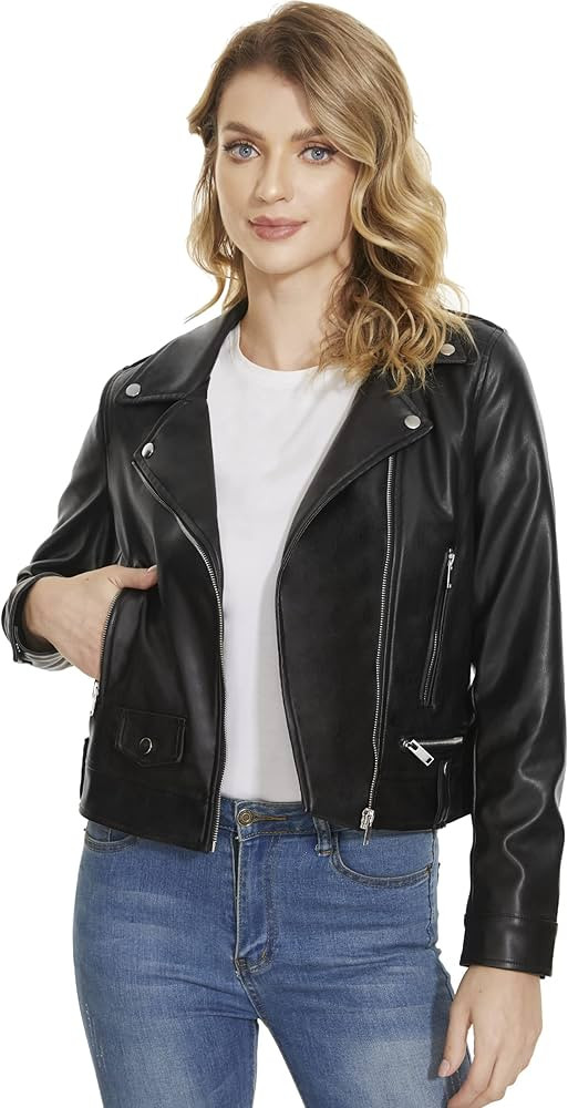 Fahsyee Women's Leather Jackets, Faux Motorcycle Plus Size Moto Biker Coat Short Lightweight Vegan P | Amazon (US)