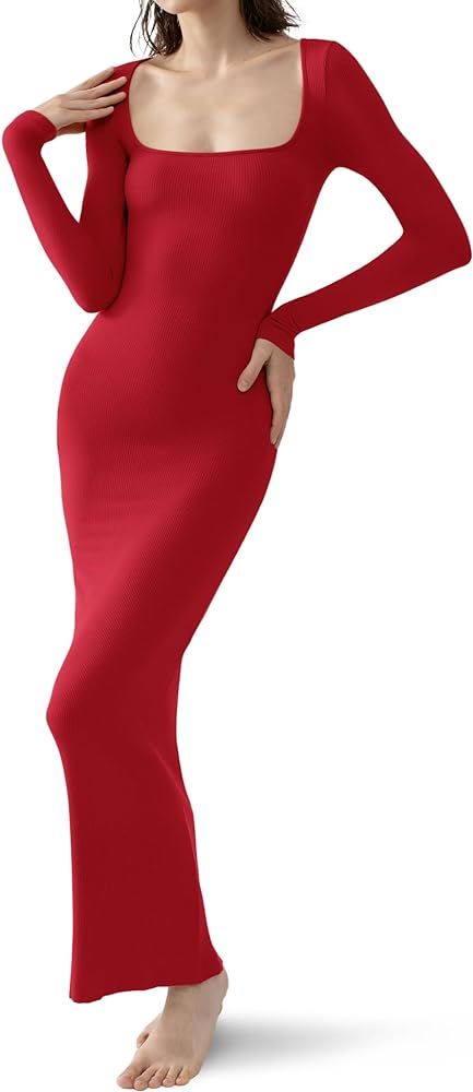 PUMIEY Women's Square Neck Long Sleeve Maxi Dress Ribbed Bodycon Dresses for Women Soft Lounge Dress | Amazon (US)