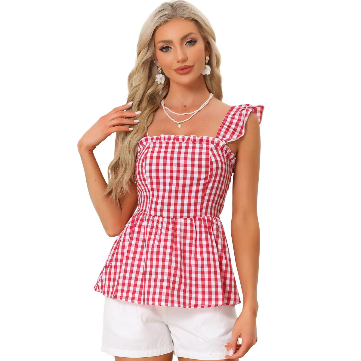 INSPIRE CHIC Women's Summer Square Neck Sleeveless Plaid Gingham Peplum Top | Target