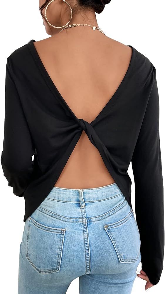 Verdusa Women's Twist Backless Solid Long Sleeve Open Back Tee Shirt Top | Amazon (US)