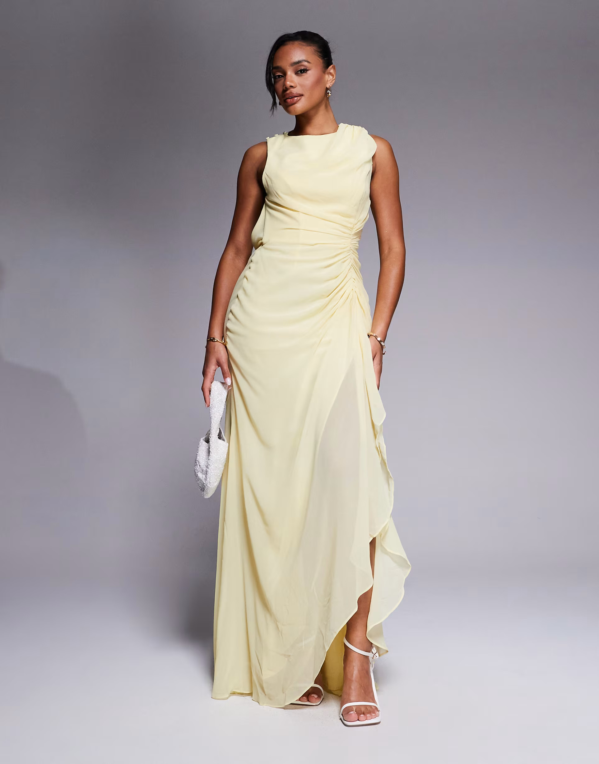 ASOS DESIGN gathered waist ruffle maxi dress with open back in pale yellow | ASOS (Global)