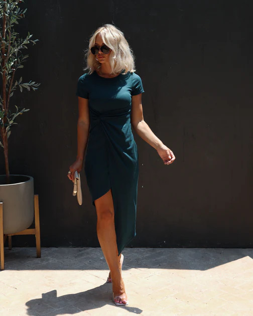 Shannon Twisted Asymmetrical Midi Dress - Dark Teal | VICI