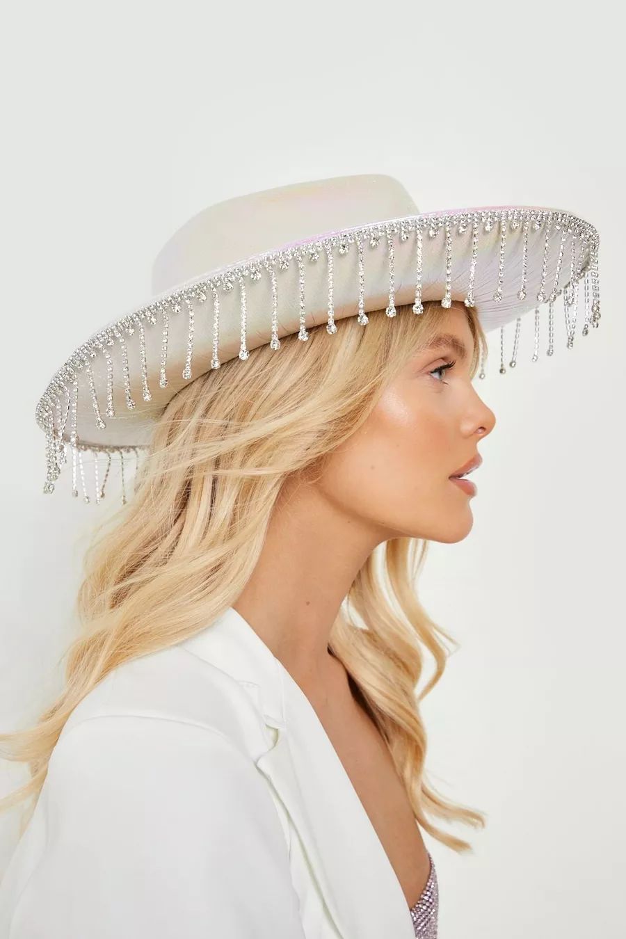 White Diamante Tassel Trim Cowboy Hat | Boohoo.com (US & CA)