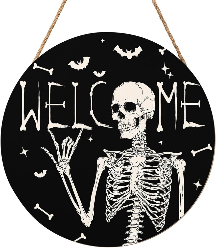 Halloween Skull Welcome Door Sign 12x12 Inch Halloween Wreaths for Front Door Spooky Skeleton Wel... | Amazon (US)
