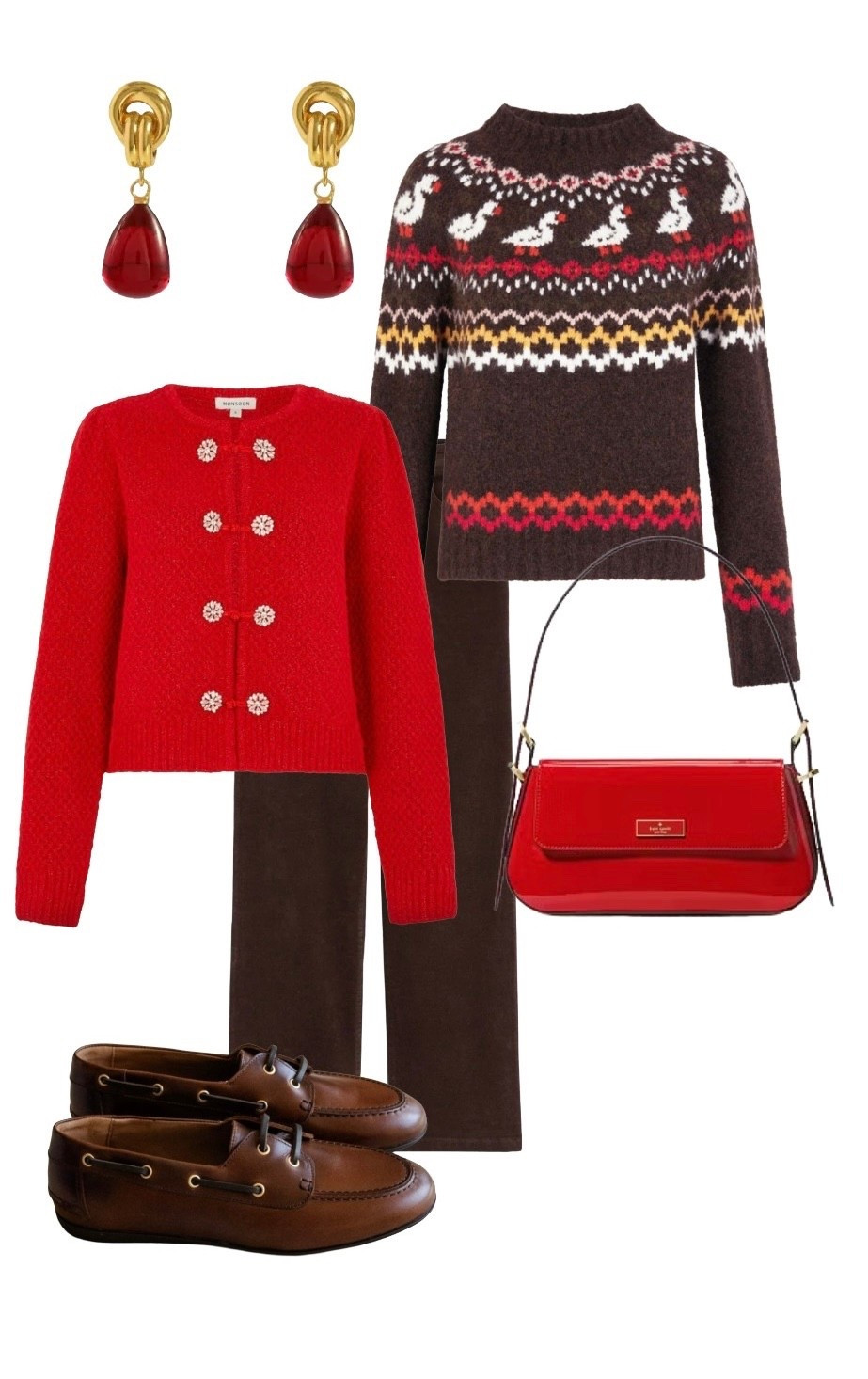 
Shyla Ruby Earrings - John Lewis

Fair Isle Brown Jumper & Red Cardigan - Monsoon 

Brown 5 Pocket Cord Trousers - Boden

Brown Loafers - Sezane

Bridget Red Patent Bag - Kate Spade (not available through LTK)

#LTKuk #LTKfestive #LTKeurope