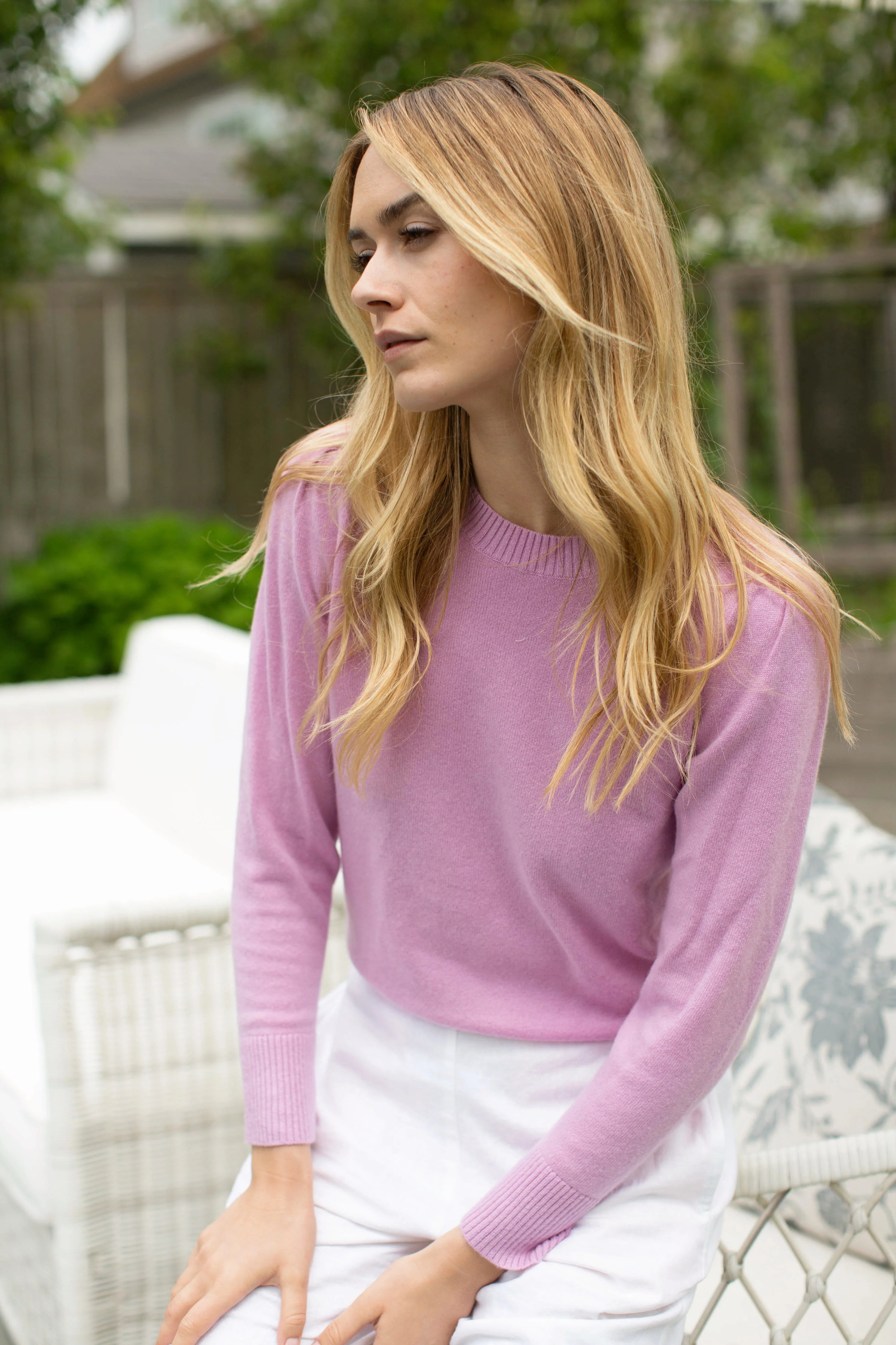 Cashmere Puff Sleeve Crewneck Sweater - Lilac SALE | Marea