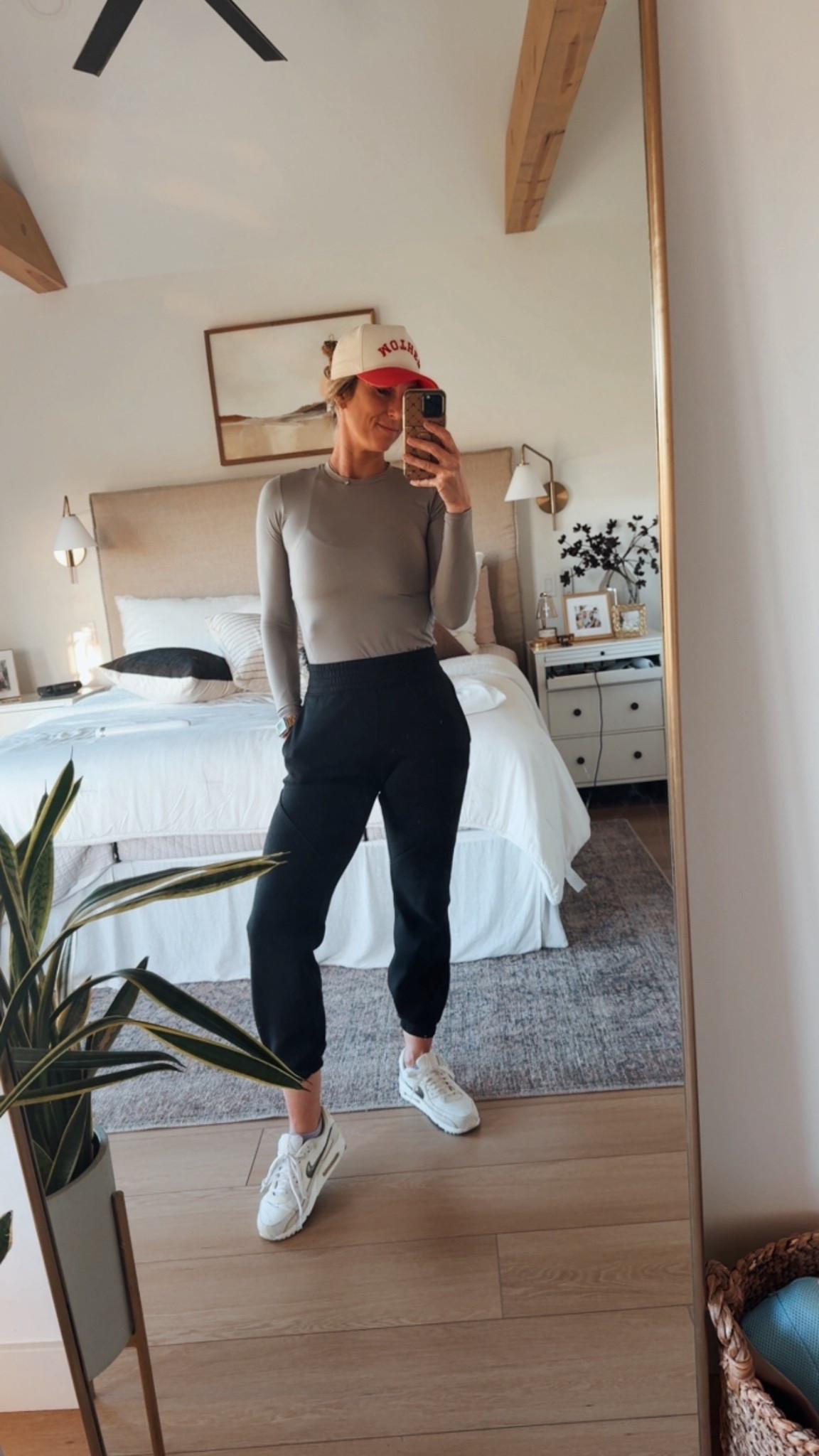 My errand “uniform” 

Wearing size medium in shirt. It’s tight! 
Sweatpants I’m a small 
Shoes size 9 