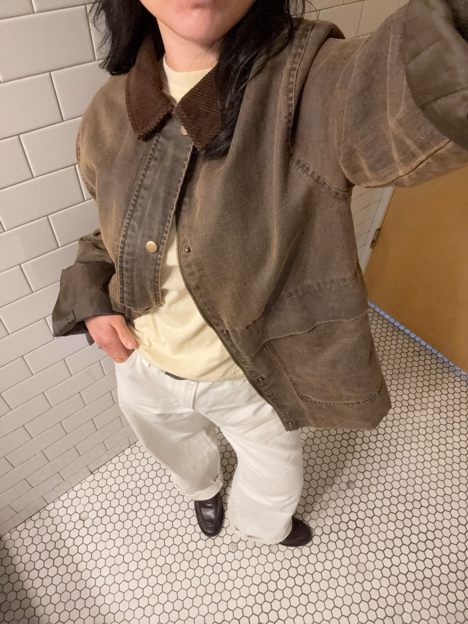 jacket -mens m
jeans - one size up
loafers - tts
tee - tts