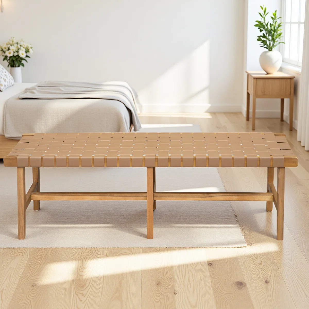 Acacia Wood Bench with Woven PU Leather Seat,Natural Teak Tone Accent Stool for Bedroom & Entrywa... | Wayfair North America