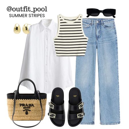 White shirt, stripe top, jeans, straw bag, flat sandals, summer stripes, summer outfits, summer vacation outfit

#LTKstyletip #LTKfindsunder50 #LTKtravel