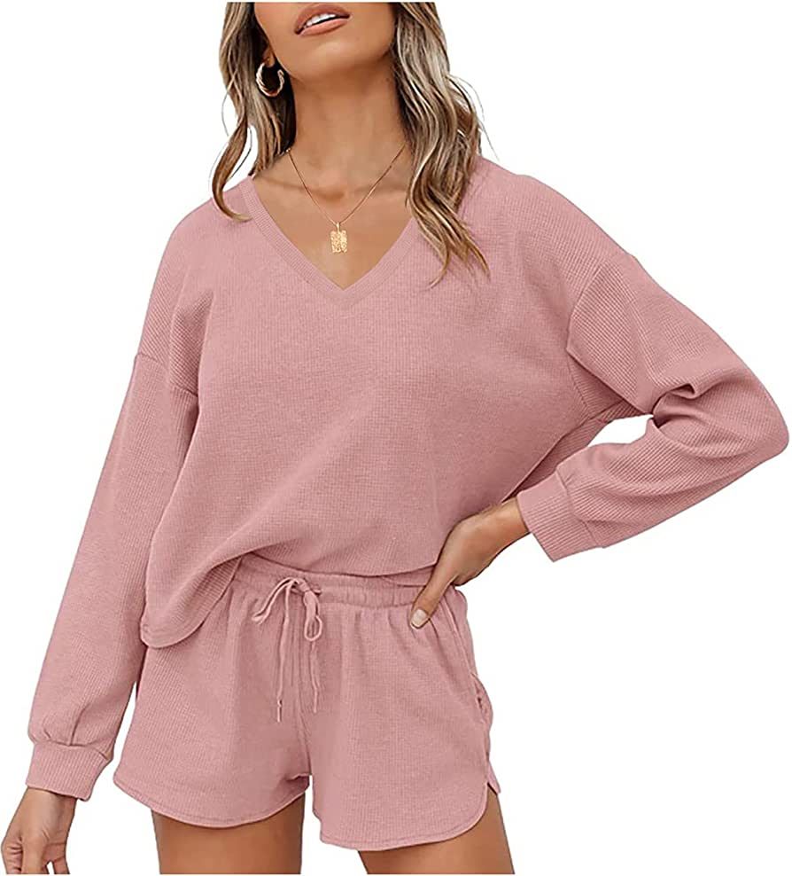 MEROKEETY Women's Long Sleeve Waffle Lounge Sets V Neck Top and Shorts 2 Piece Pajama Set Pockets... | Amazon (US)