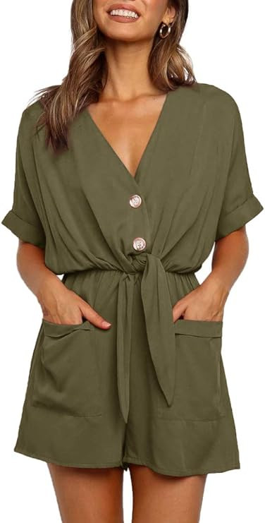 Ivay Womens V Neck Button Rompers Knot Tie Short Sleeve Sexy Loose Playsuit Jumpsuit with Pockets | Amazon (US)