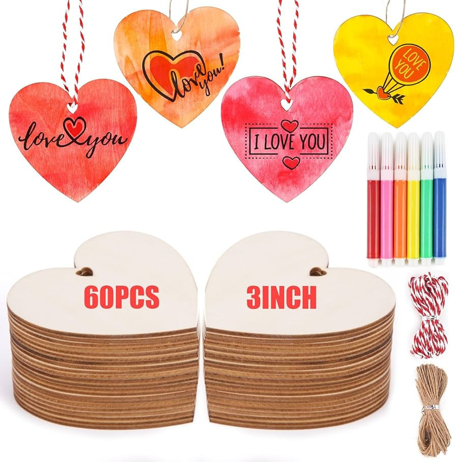 Shindel 60PCS 3 Inch Natural Heart Wood Slices, Valentine Day Decoration, Wooden Hearts for Craft... | Amazon (US)