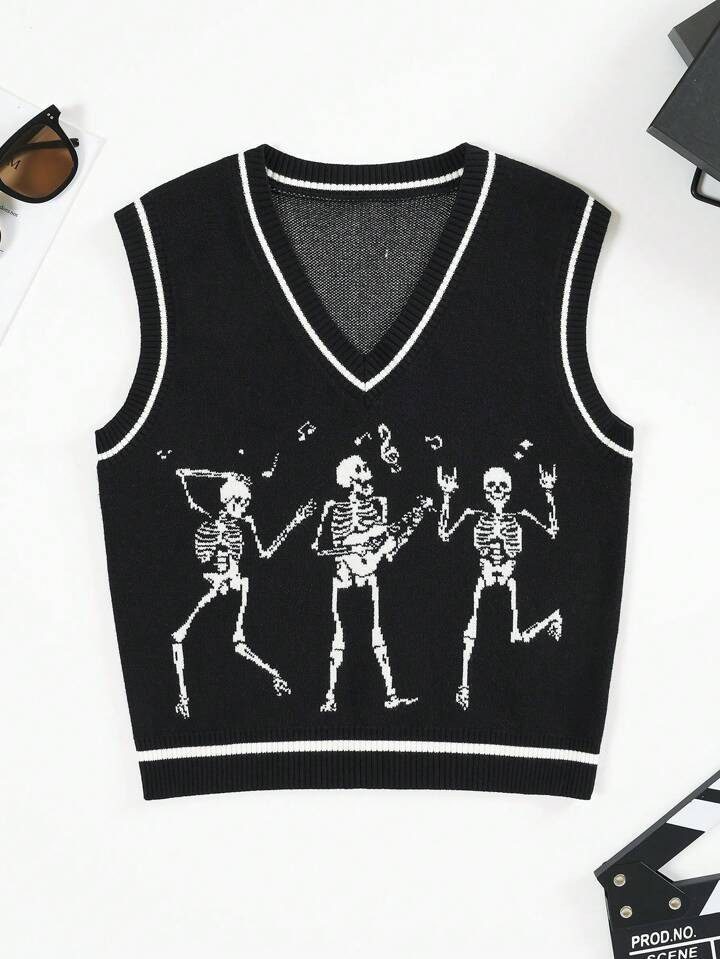 SHEIN EZwear Skeleton Pattern Sweater Vest Without Tee | SHEIN