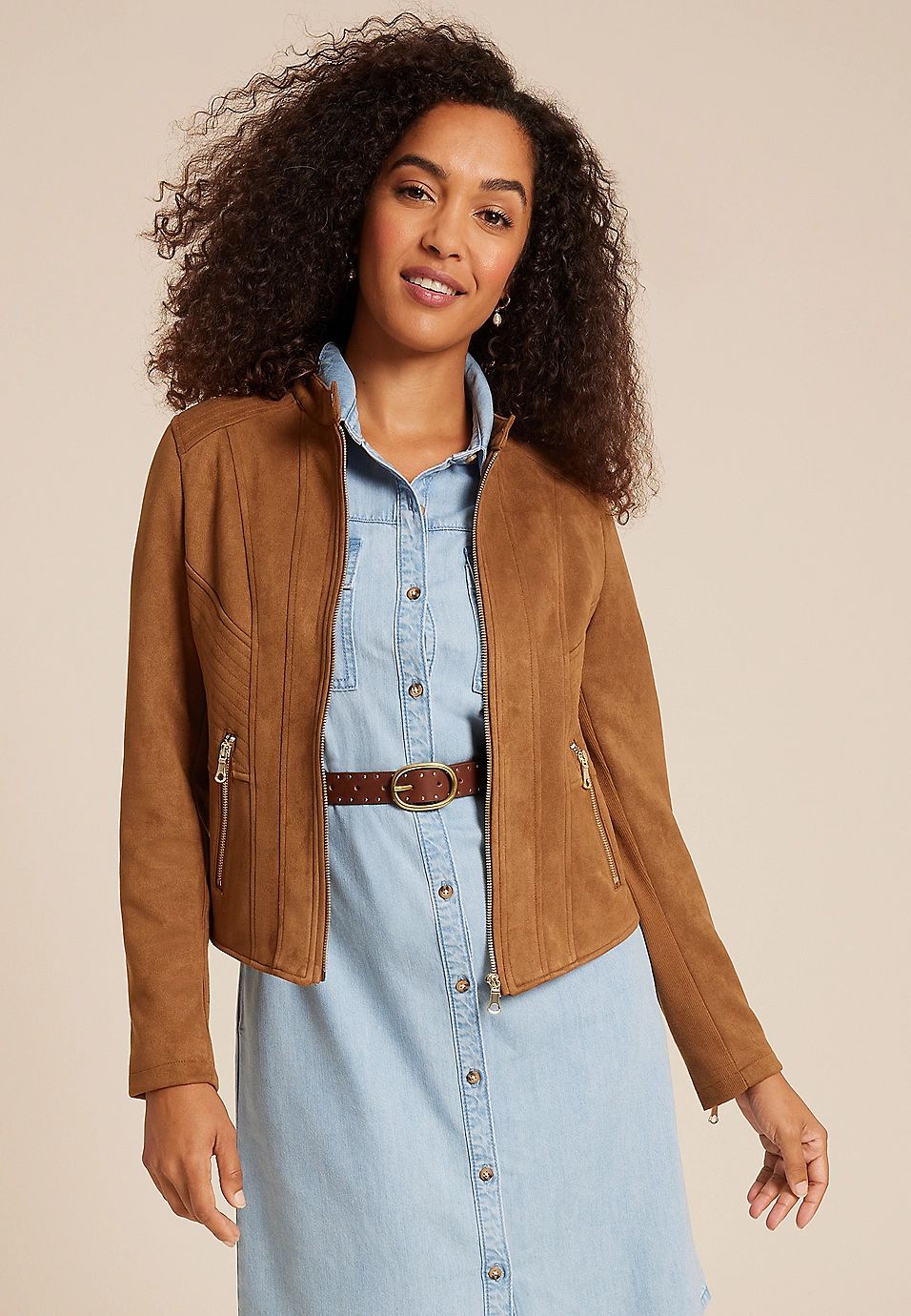 Brown Faux Suede Biker Jacket | Maurices