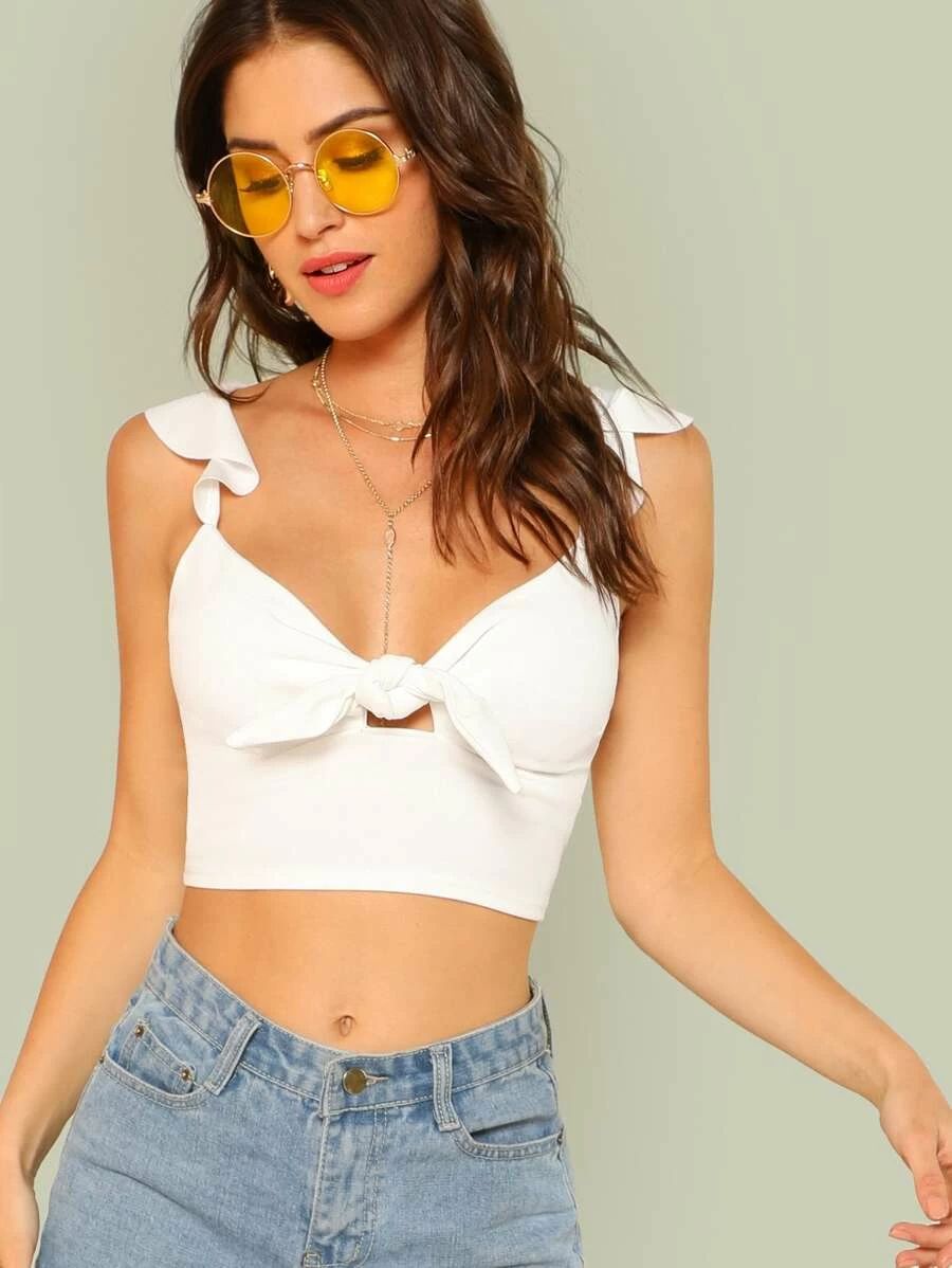 Knotted Self-Tie Ruffled Crop Top | SHEIN