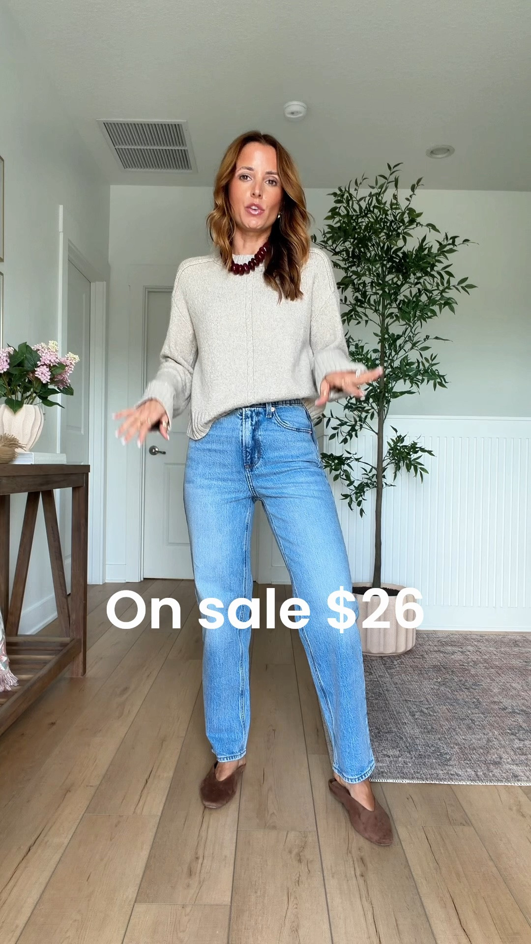 New fall arrivals from Target! Fall outfits. Fall style. Elevated casual outfits. Mom outfits. Teacher outfits. Vintage straight jeans in 00 short. Crewneck sweater in XS. Mules are TTS. Beaded necklace. 
#LTKootd #LTKSeasonal #LTKPetite