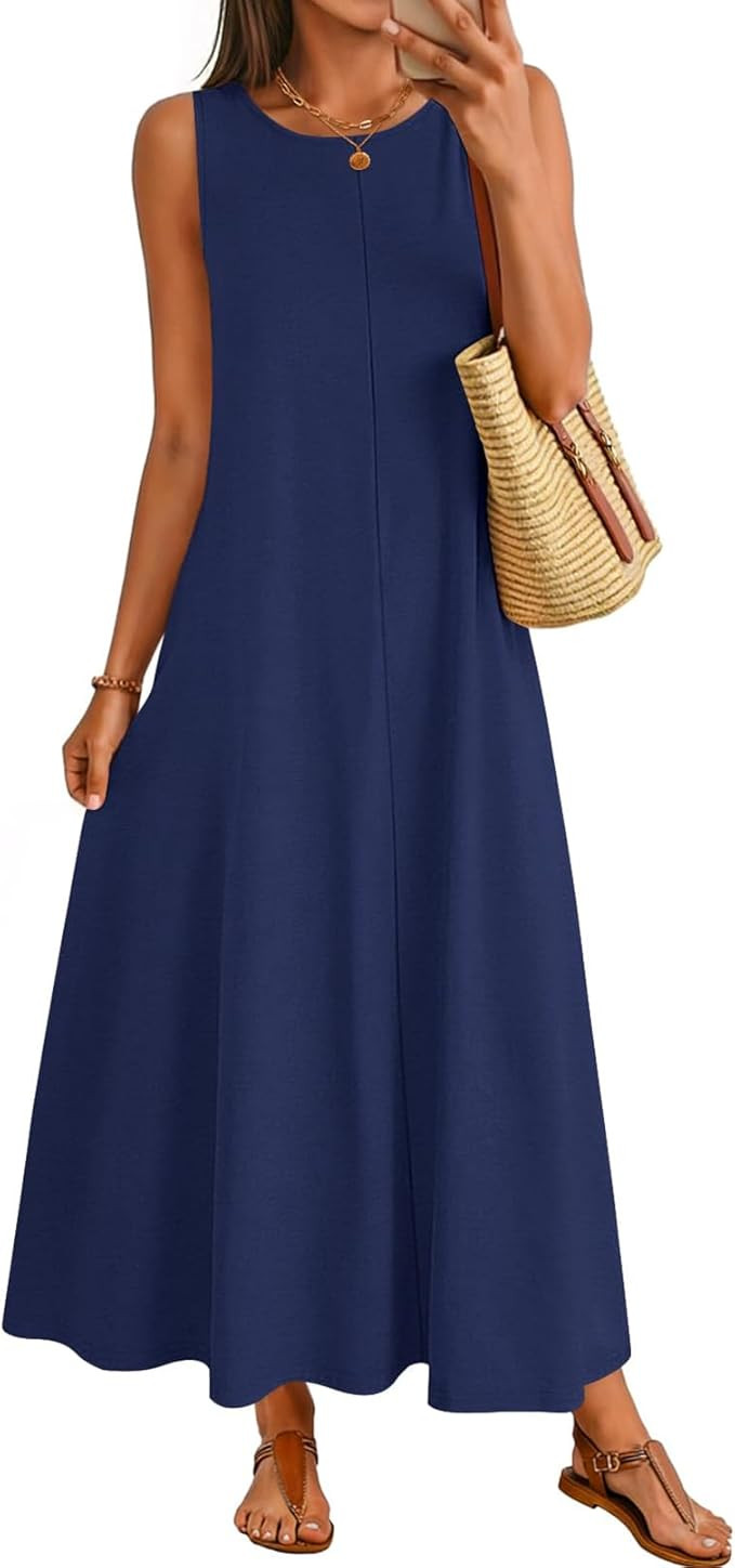MEROKEETY Women's 2026 Summer Maxi Dress Sleeveless Crewneck Casual Loose Beach Vacation Basic Lo... | Amazon (US)